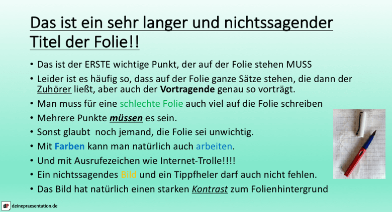 Schlechte Präsentations-Folie bunt viel Text